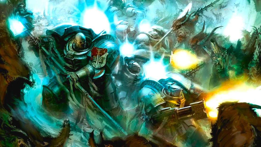 Dark Angels engage in battle against chaotic forces in a vivid and intense scene from the hunt for the Fallen.