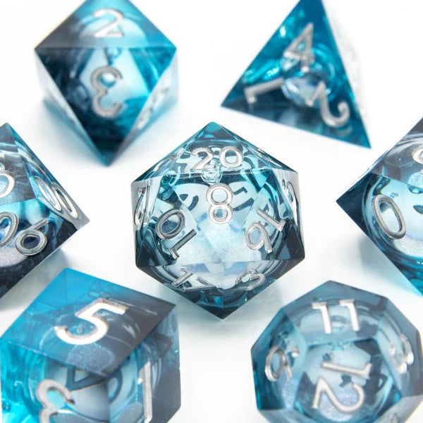 Unseelie Fae Dark Blue Sharp Edge Liquid Core Resin D&D Dice Set With Silver Num