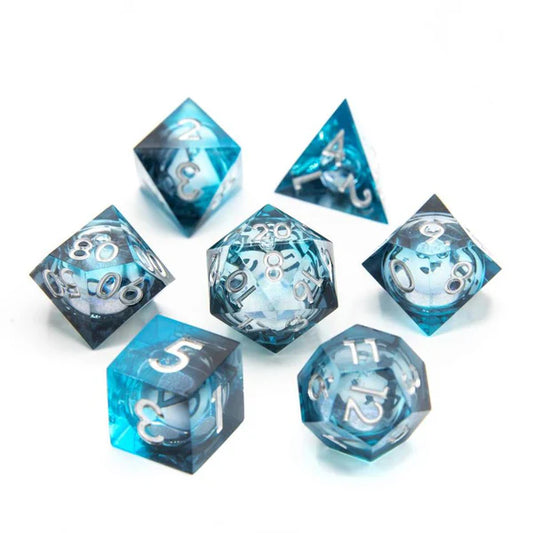 Unseelie Fae Dark Blue Sharp Edge Liquid Core Resin D&D Dice Set With Silver Num