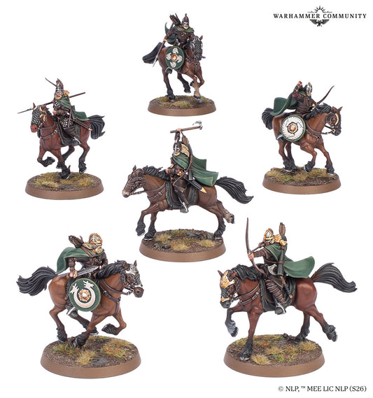 Middle-Earth Sbg: Riders Of Rohan six miniatures on horseback showcasing armor and weapons.