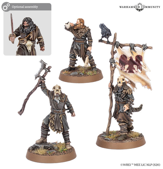 M-E Sbg: Hill Tribesmen Commanders miniatures showcasing a Chieftain and Warriors with banner and war horn.